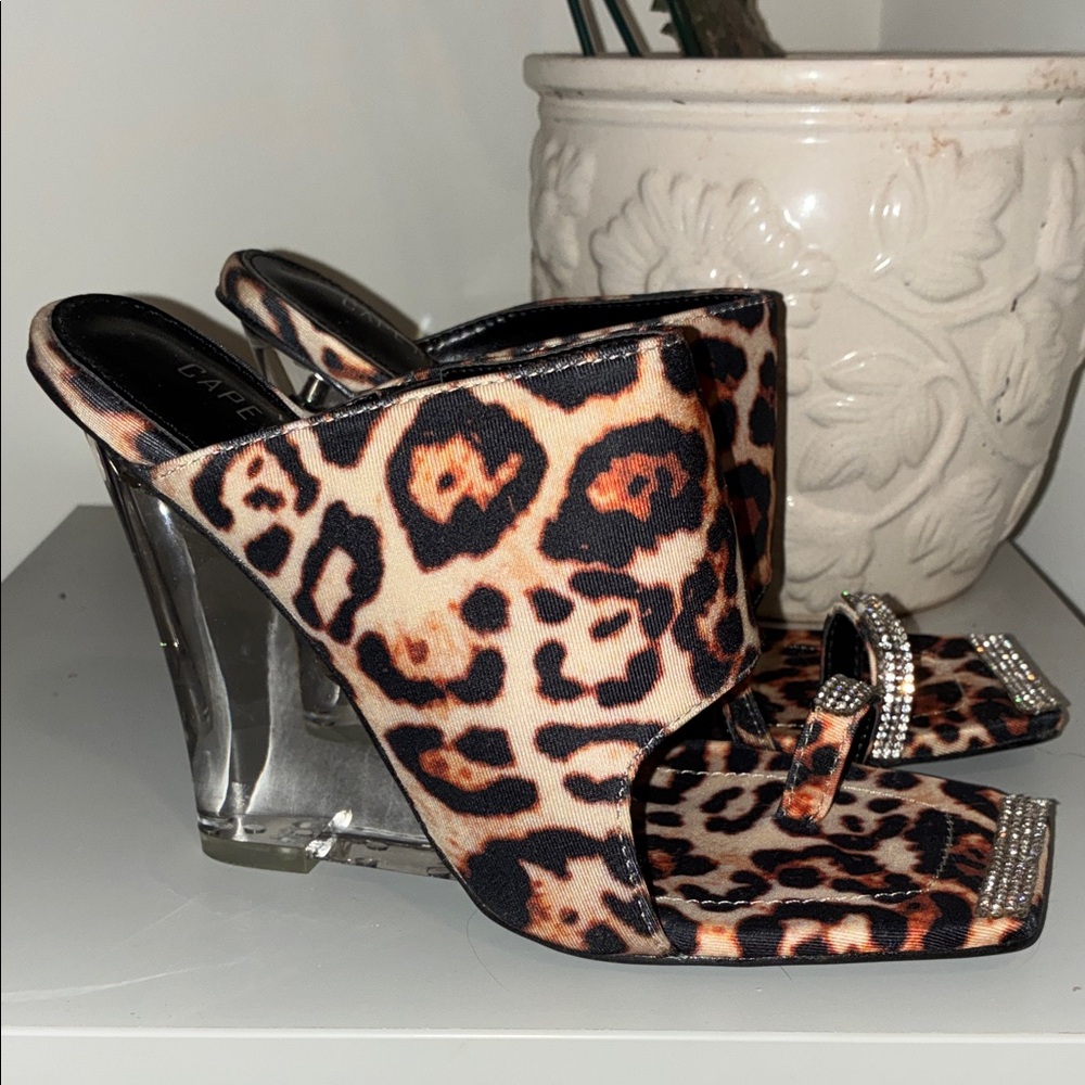 Cape Robbin Leopard Print Clear Wedge Sandals with Rhinestone Straps